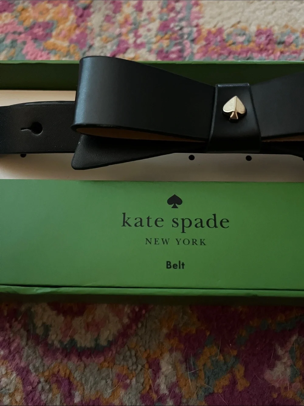 NWT Kate Spade New York Black Leather Bow Belt Slim Gold Spade Accent Size S/M